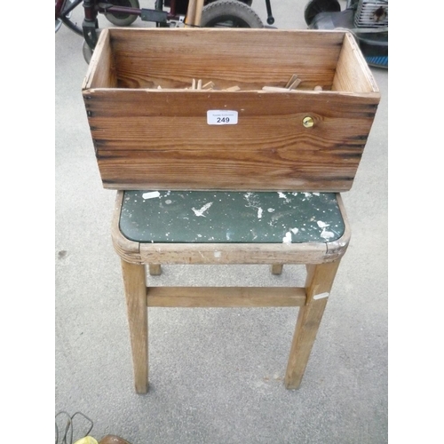 249 - Pine kitchen stool and a box containing a large quantity of cloths pegs