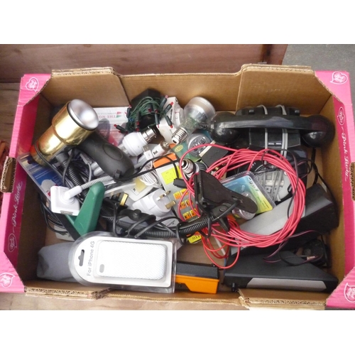 252 - Box of electrical bits including Volt Meter, light bulbs, torch and a telephone