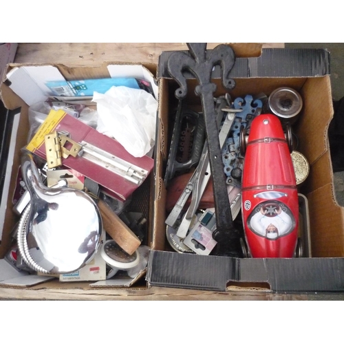 253 - Two boxes of tools including tin plate car, shower head, spirit level etc