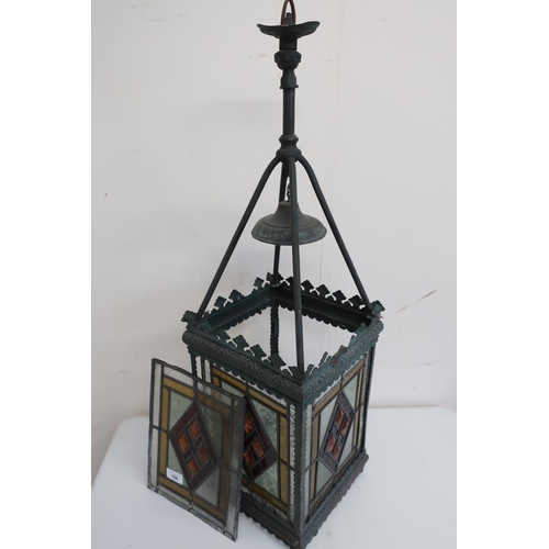 106 - Victorian centre hanging hall lantern with lead glazed stained glass panels (lacking one panel) (25c... 