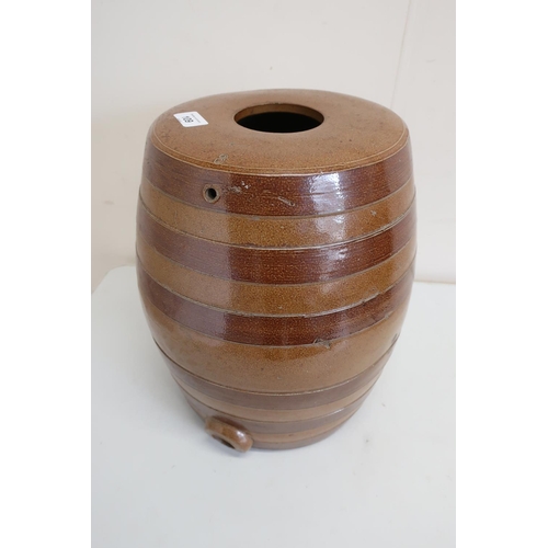 109 - Salt glazed sherry type barrel with banded detail and tap port, with impressed No 3 (approx 35cm hig... 