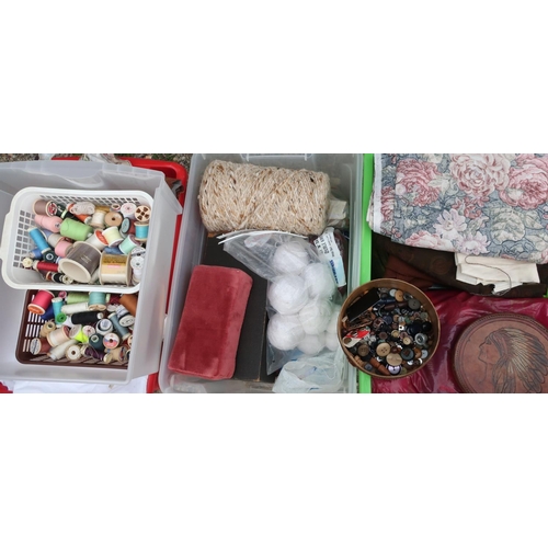 114 - Large selection of crafting items for sewing including material scraps, buttons, threads etc (three ... 