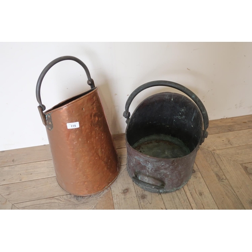 115 - Copper coal scuttle with swing handle and another similar (2)