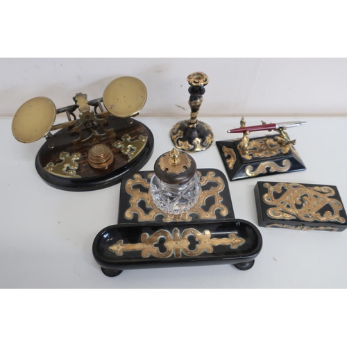 123 - Victorian desk set comprising of ebonised and Gothic brass mounted inkwell and pen tray with cut gla... 