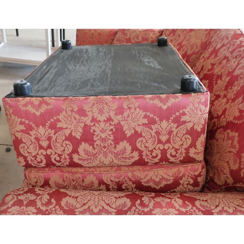 404 - Pair of Christie Tyler two seat settees by in antique red & gold floral pattern damask and matching ... 