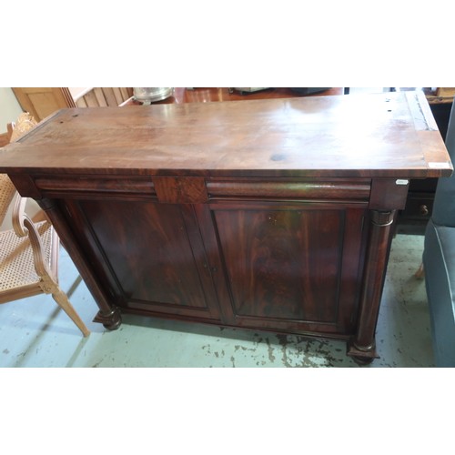 406 - Victorian mahogany chiffonier base with two frieze drawers and two cupboards below, turned columns o... 