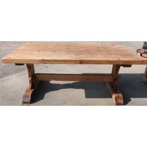 407 - Rustic pine farmhouse table on trestle base (200cm x 100cm x 81cm)