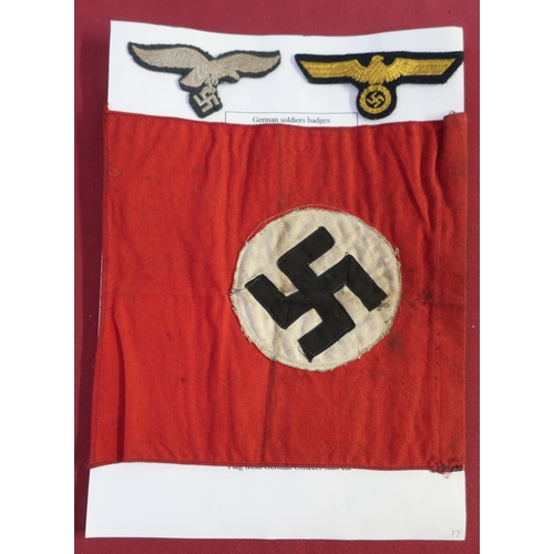 8 - German WWII Swastika car pennant, two similar armbands and two embroidered lapel badges (retrieved f... 