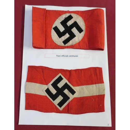 8 - German WWII Swastika car pennant, two similar armbands and two embroidered lapel badges (retrieved f... 