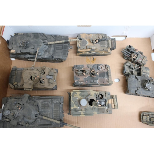 155 - Collection of ten Tamiya kit built scale models of military vehicles, tanks, jeeps, etc, with painte... 