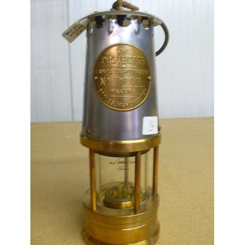 16 - Protector Type 1A brass and steel miners lamp (22cm)