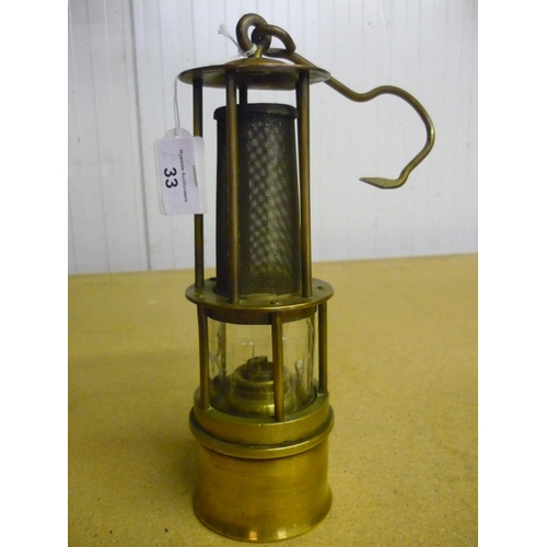 33 - Brass miners lamp with gauze chimney No 1151507 (24cm)