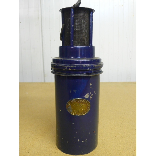 9 - Turquand and Kew blue painted miners lamp No.Tag 560 (26.5cm)