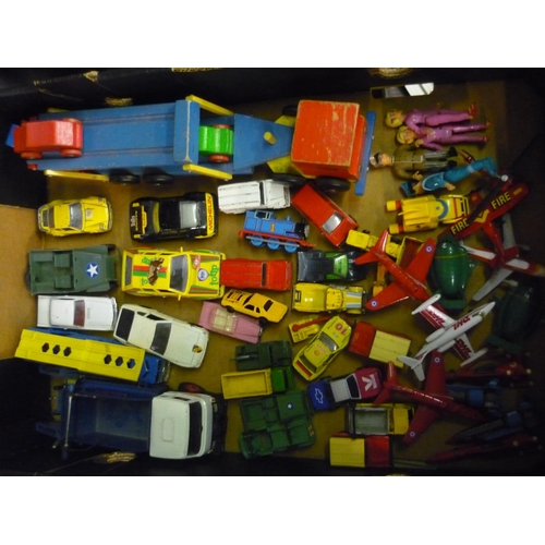 93 - Collection of Matchbox and other various scale diecast models, wooden car transporter, two Lady Pene... 