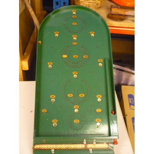 98 - Vintage Chad Valley Bagatelle board, green painted with gilt numerals and steel balls (57cm x 37cm)