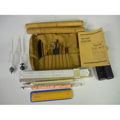 99 - Two dairy thermometers, two hydrometers, slide rule with instructions, scalpel, cut throat razor and... 