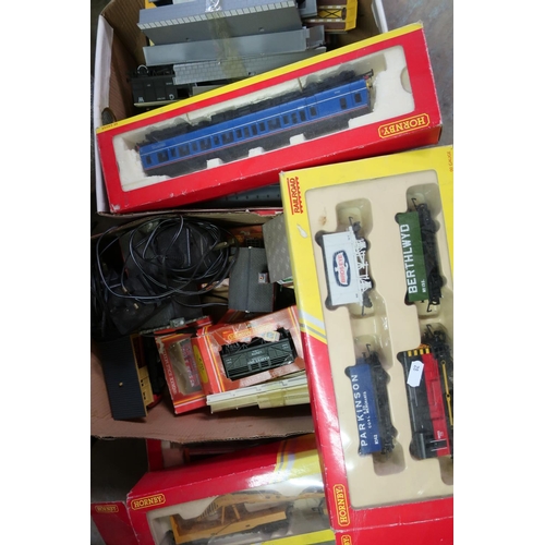 230 - Selection of various Hornby OO carriages, freight trucks, platforms, buildings, etc (two boxes)