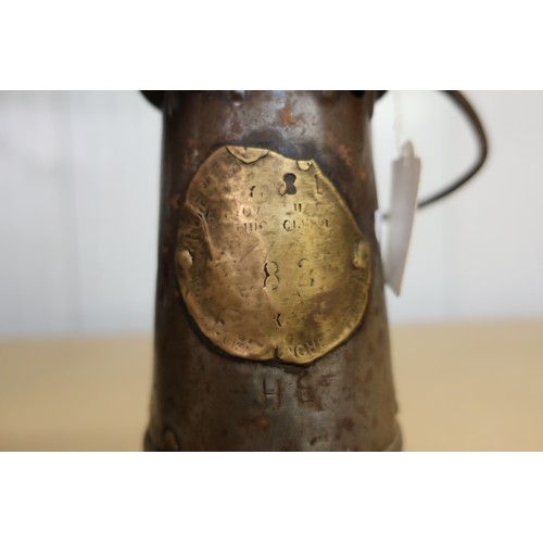48 - Brass and steel miners lamp stamped HE (22cm); a brass, steel and alloy Patent 953984 miners lamp (2... 