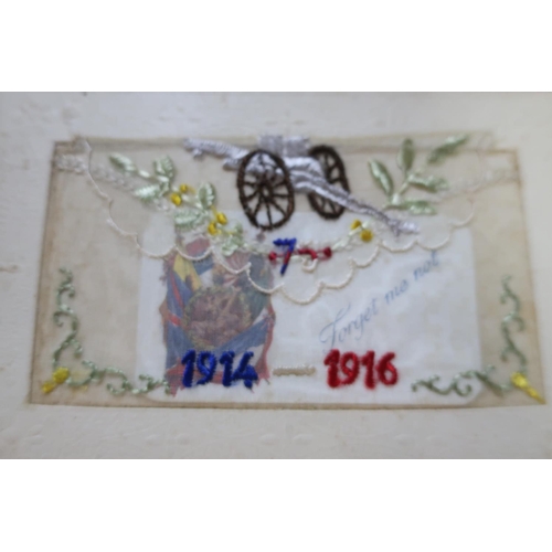 17 - Framed and mounted display of five WWI period embroidered postcards (49.5cm x 35.5cm)