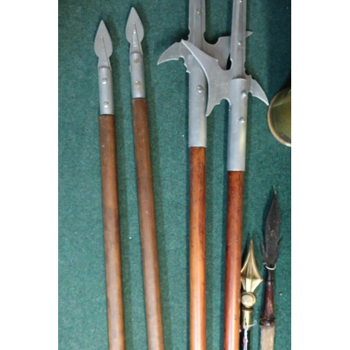 24 - Pair of reenactors style aluminium and wood shafted halberds, two similar spears and two other decor... 