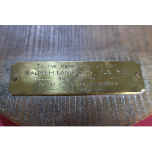 35 - Royal Navy oak wall shield with brass plaque to the rear marked 'The Memory Of My Son Ralph. H Lanca... 