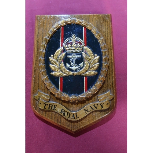 35 - Royal Navy oak wall shield with brass plaque to the rear marked 'The Memory Of My Son Ralph. H Lanca... 