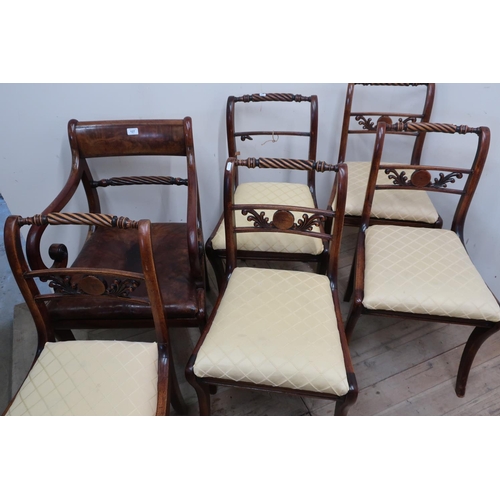496 - Set of five Regency mahogany dining chairs, with rope twist to rails, drop-in seats and sabre legs, ... 
