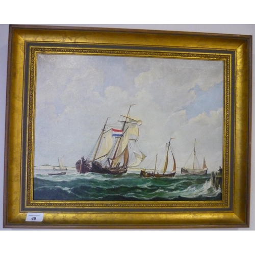 49 - Gilt framed modern oil on canvas of Dutch fishing Cog in rough waters, signed R. E. Beinder 87, with... 