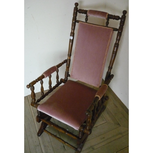 54 - 19th C American turned stained beech rocking chair, with upholstered backs, seats and arm pads