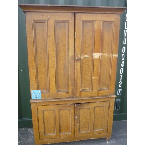 57 - Late Victorian scumbled pine kitchen cupboard, with four twin panel doors, on turned feet (180cm x 1... 