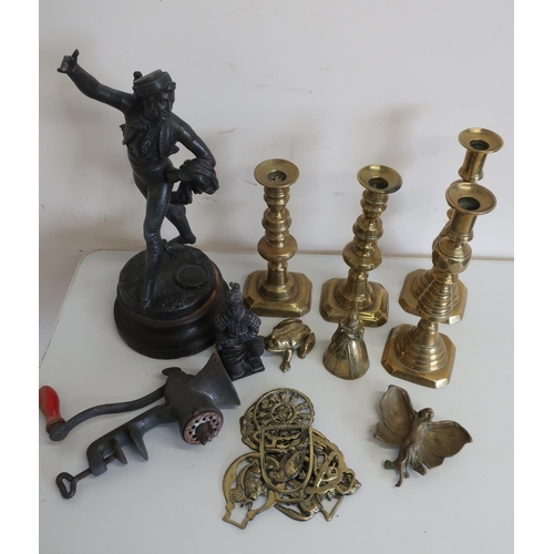 42 - Spelter figure of a dancer, two pairs of Victorian brass candlesticks, horse brasses and other metal... 