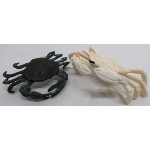 13 - Bronze model of a crab, the underneath marked R80 (width 13cm) and another crab (2)