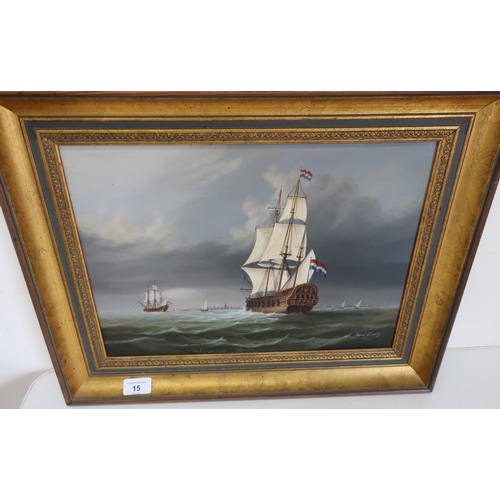 15 - Gilt framed oil on board signed David Beaty, of Dutch man of war in choppy water (51cm x 41cm includ... 