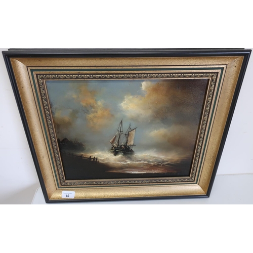 16 - Gilt framed oil on canvas of fishing Cogg in stormy waters, signed G. D. Ham Hedard (51cm x 42cm inc... 