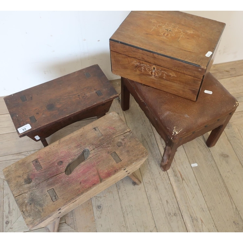 53 - Two small pine stools, a small upholstered top stool and an inlaid walnut Victorian jewellery box