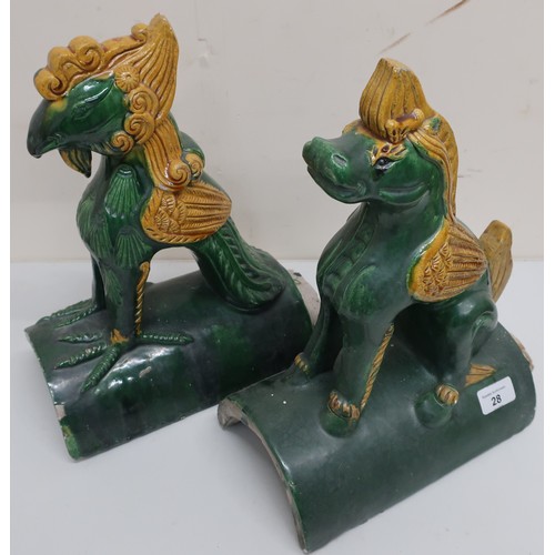 28 - Pair of Chinese green glazed ridge tiles, one mounted with a horse, the other with a cockerel (appro... 
