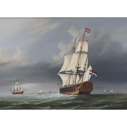 15 - Gilt framed oil on board signed David Beaty, of Dutch man of war in choppy water (51cm x 41cm includ... 