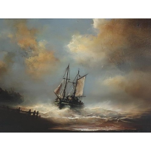 16 - Gilt framed oil on canvas of fishing Cogg in stormy waters, signed G. D. Ham Hedard (51cm x 42cm inc... 