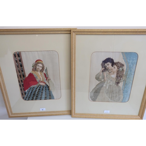 29 - Pair of late 19th C printed and woolwork studies of two young girls with curly hair, and a female mu... 