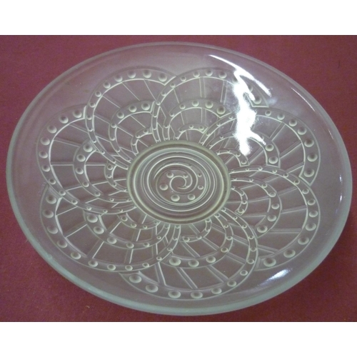 34 - French Art Deco opaque glass circular dish, relief decorated with crescents, (24.5cm)