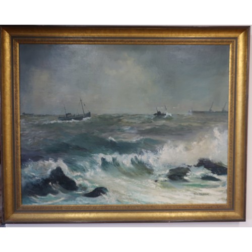 11 - Framed and mounted oil on board of fishing boats on rough waters, signed lower right Jack Alexander ... 