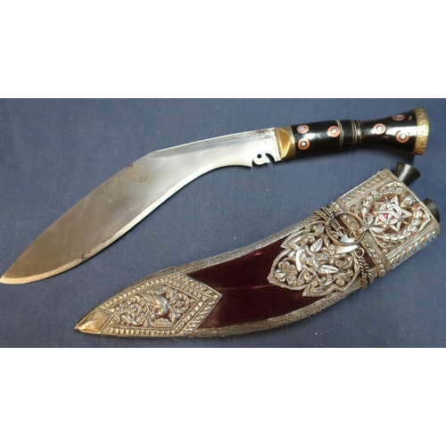 73 - Nepalese Gurkha presentation Kukri with horn hilt decorated by six copper/steel inlays on both sides... 