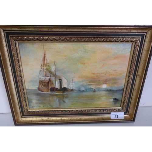 17 - Gilt framed oil on canvas of sailing ships and steam tug signed V Rees, after Turner (33cm x 25cm in... 