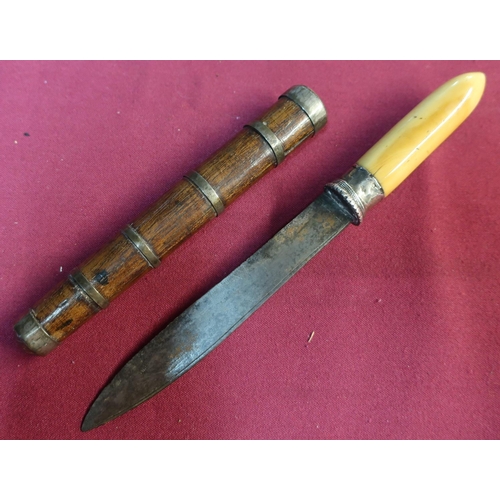 62 - 19th C Burmese Dha dagger with 5 inch single edged blade, ivory grip and white metal collar, complet... 