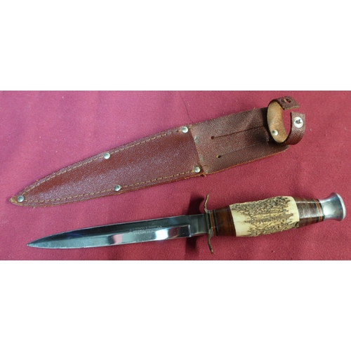 64 - Sheffield made J Nowill & Son sheath knife with 6 1/4 inch double edged stiletto blade, with brass c... 