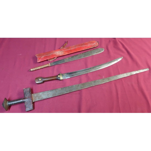 67 - African sword with 28 inch double edged blade, steel grip and leather mounted crosspiece, similar 12... 