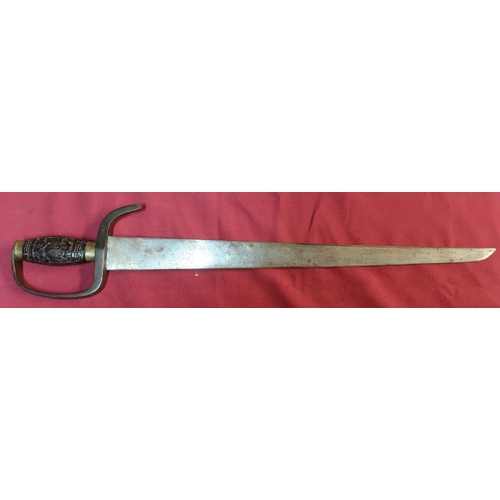 70 - Late 19th C Chinese style 18 1/2 inch heavy bladed short sword with carved wood barrel shaped grip d... 