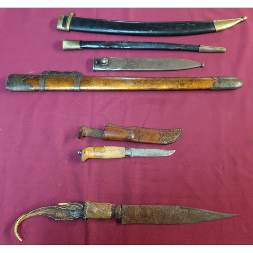 71 - 19th/20th C Chinese short sword sheath, leather and brass mounted sheath, German bayonet steel sheat... 