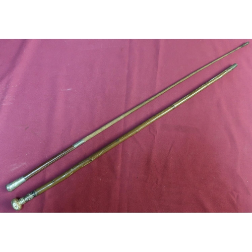 72 - Royal Artillery Officer's riding crop, and a swagger type stick with white metal top (2)