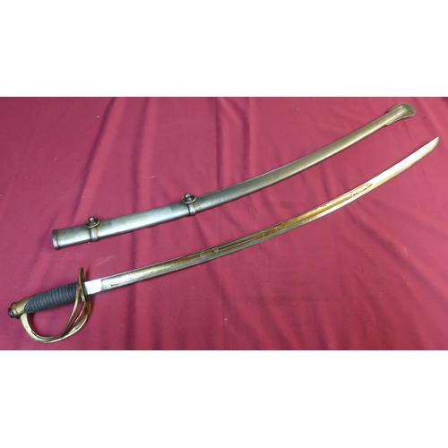 74 - American cavalry sword with 34 inch slightly curved single fullered blade stamped US ADK 1862 with C... 